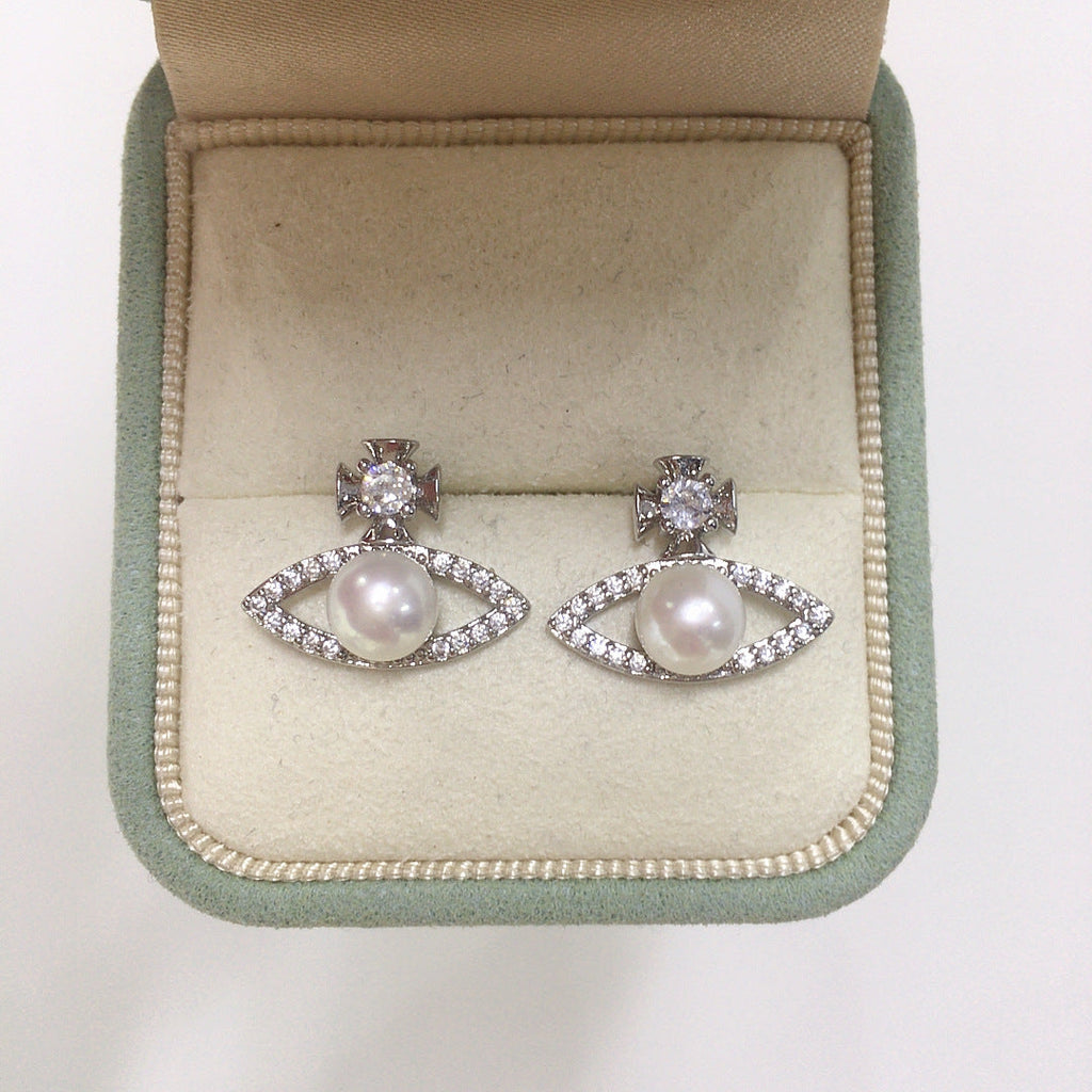 90 Natural freshwater pearl earrings fashionable simple micro inlaid zircon pearl earrings jewelry