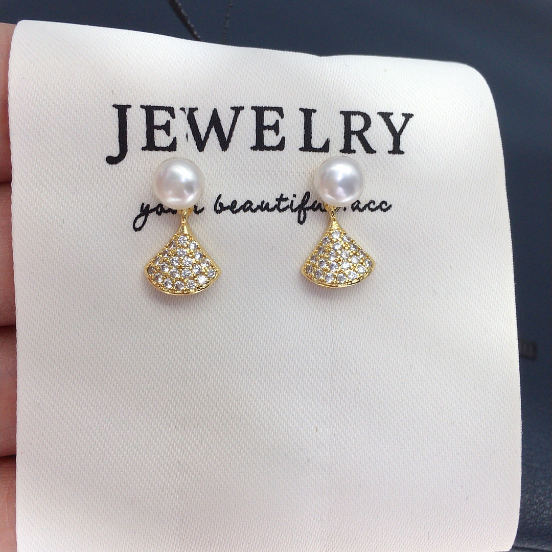 89 Natural freshwater pearl earrings simple and fashionable small dance skirt micro inlaid zircon pearl earrings