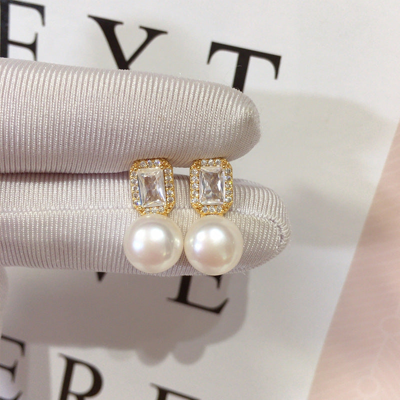 97 Natural Freshwater Pearl Earrings for Women Hexagonal Star Micro-inlaid Zircon Pearl Earrings Natural Seashell Mother-of-Pearl Earrings