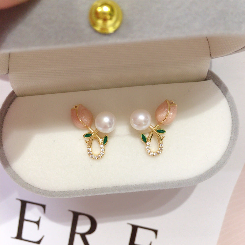 62 Natural freshwater pearl earrings Fashionable and versatile women's earrings Pink tulip small fresh earrings Sweet jewelry