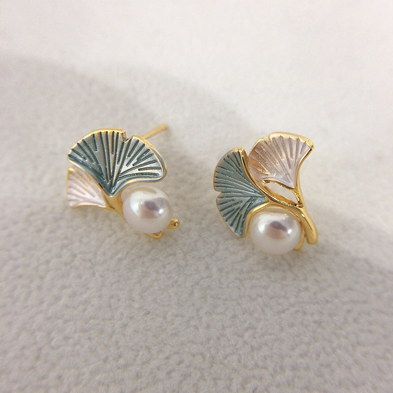 88 High brightness natural freshwater pearl earrings for women fresh ginkgo leaf pearl earrings