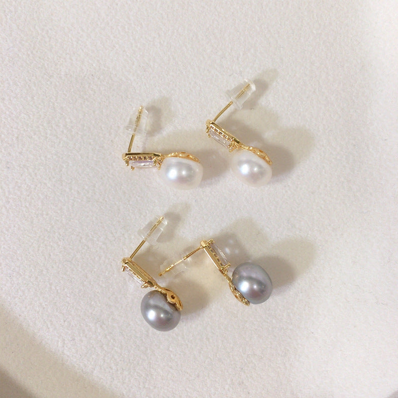 97 Natural Freshwater Pearl Earrings for Women Hexagonal Star Micro-inlaid Zircon Pearl Earrings Natural Seashell Mother-of-Pearl Earrings