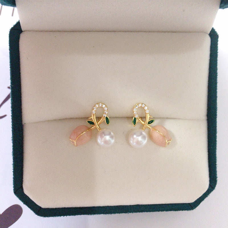 62 Natural freshwater pearl earrings Fashionable and versatile women's earrings Pink tulip small fresh earrings Sweet jewelry