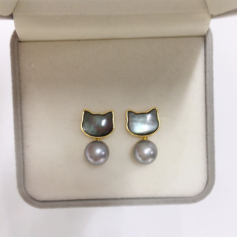 91 Natural Freshwater Pearl Earrings for Women Sea Shell Black Cat Wrapped Pearl Earrings