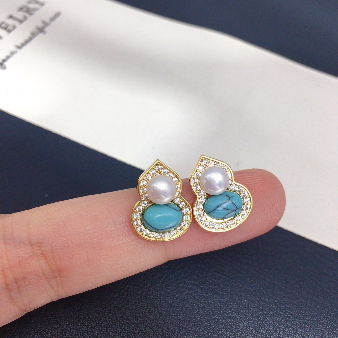 78 New Turquoise Gourd Natural Freshwater Pearl Earrings for Women's Fortune Retro Luxury Pearl Earrings