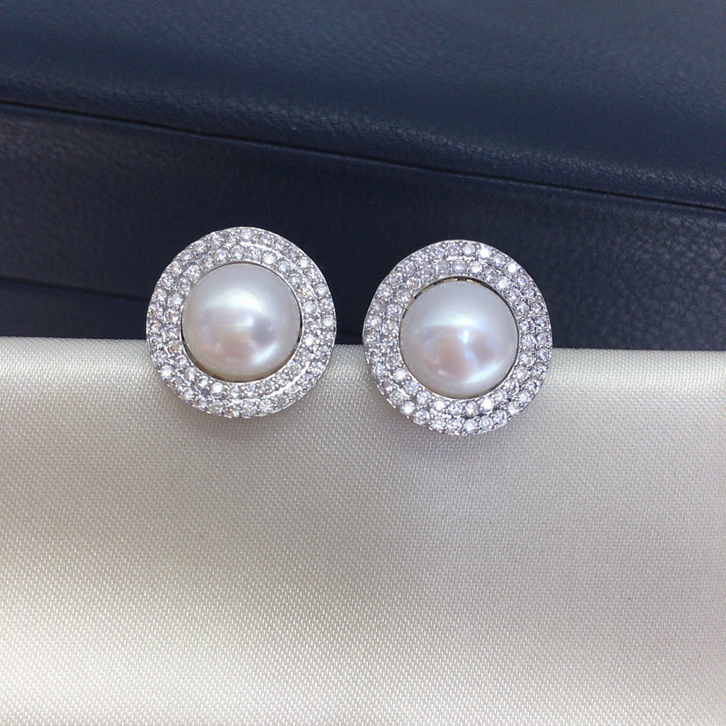86 Light luxury niche natural freshwater pearl earrings women with versatile temperament full of zirconium pearl jewelry