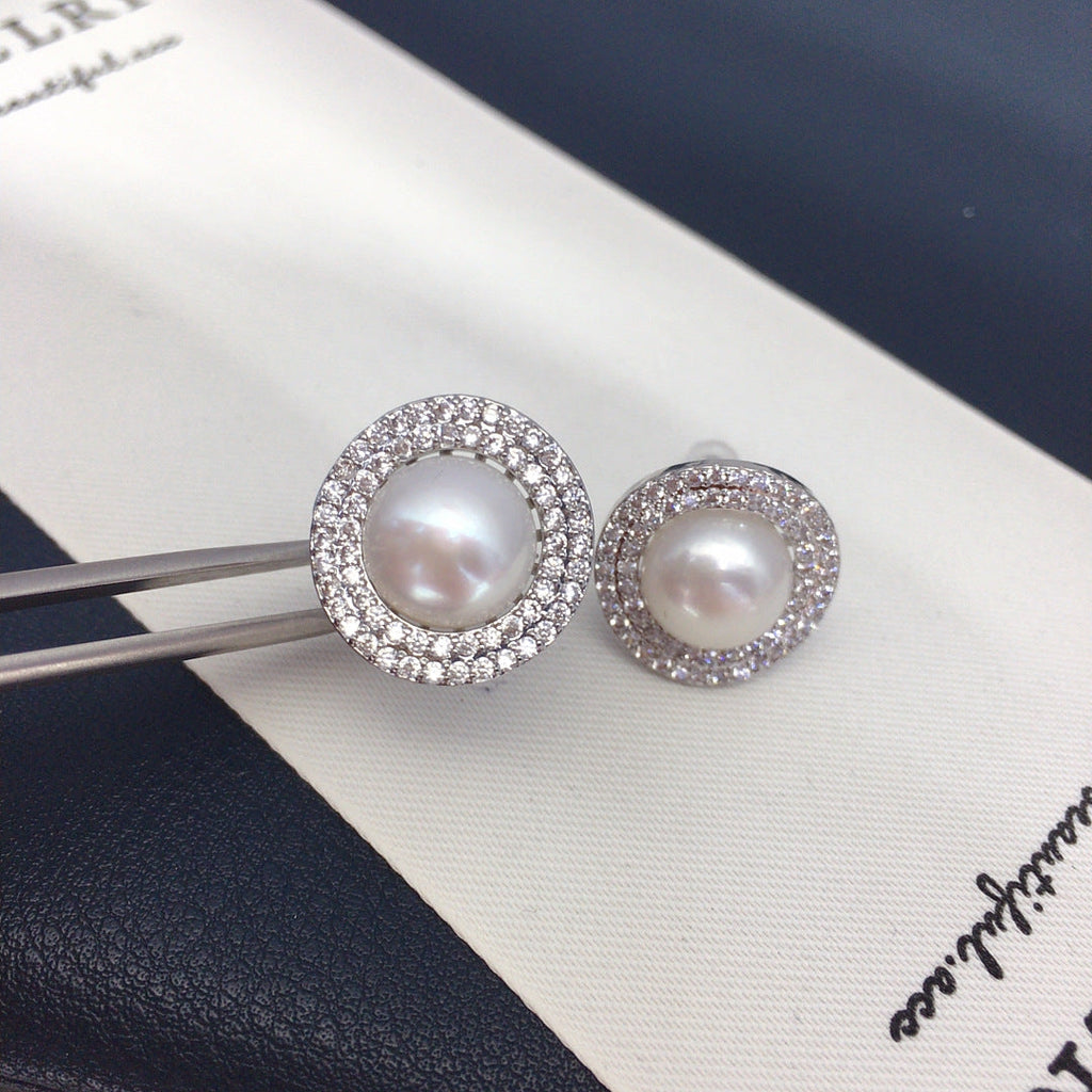 86 Light luxury niche natural freshwater pearl earrings women with versatile temperament full of zirconium pearl jewelry