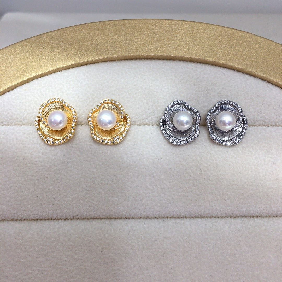 94 Exquisite natural freshwater pearl earrings elegant retro style micro inlaid zircon lotus leaf edge pearl earrings