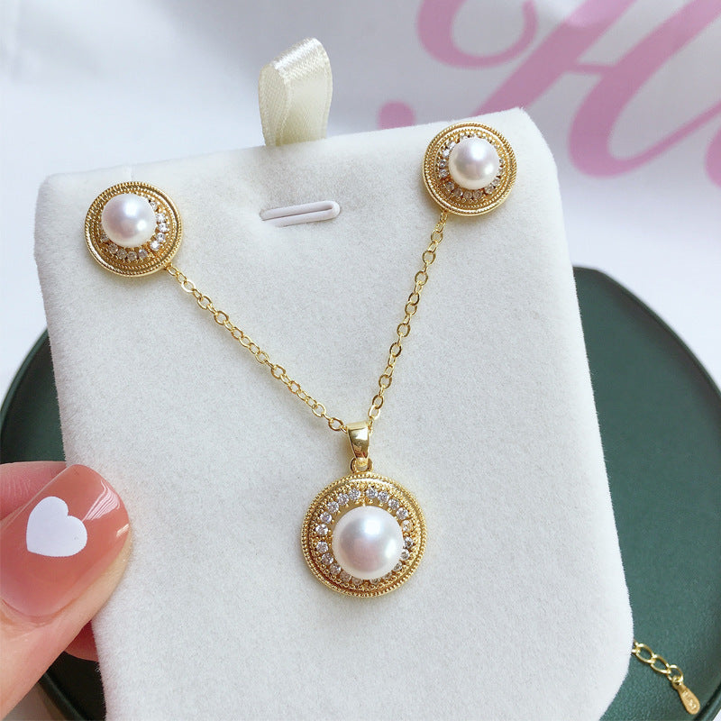 96 Natural Pearl Pendant Earrings Simple Round Freshwater Pearl Set Jewelry Retro Fashion Jewelry