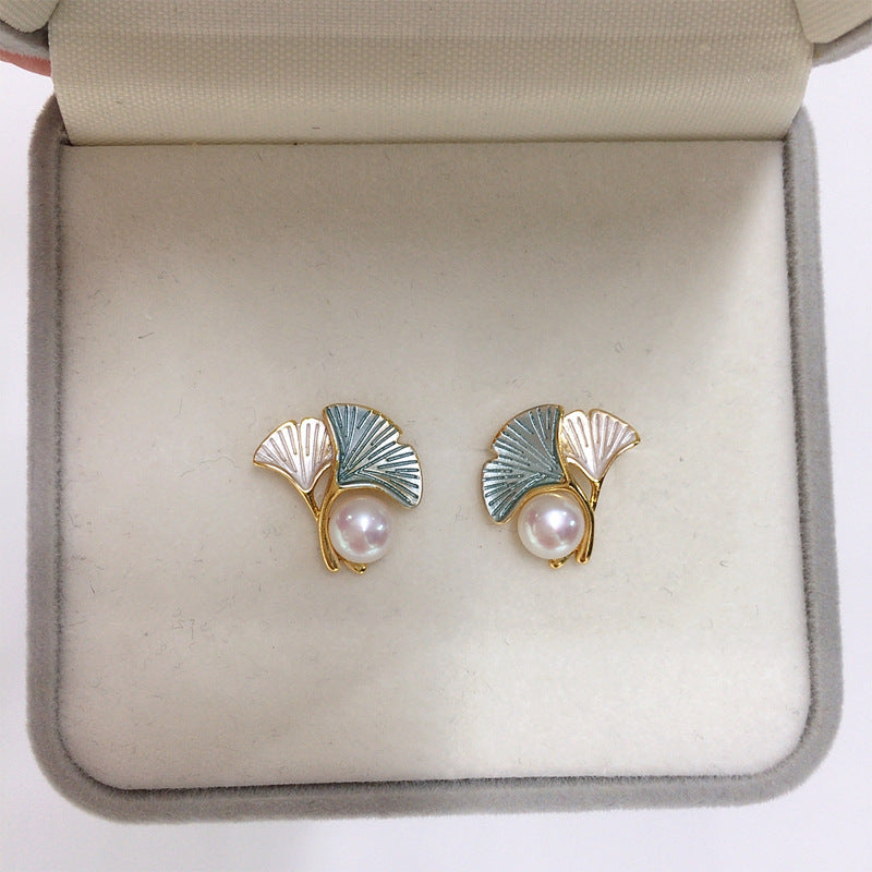 88 High brightness natural freshwater pearl earrings for women fresh ginkgo leaf pearl earrings