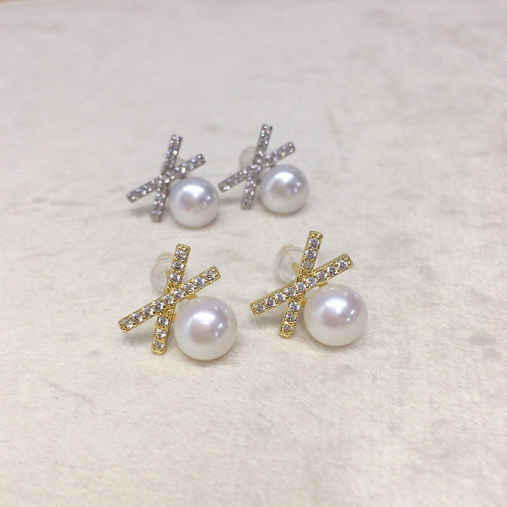 38 Natural Freshwater Pearl Earrings Classic Bestseller Geometric Cross Pearl Earrings Micro-Inlaid Zircon Jewelry