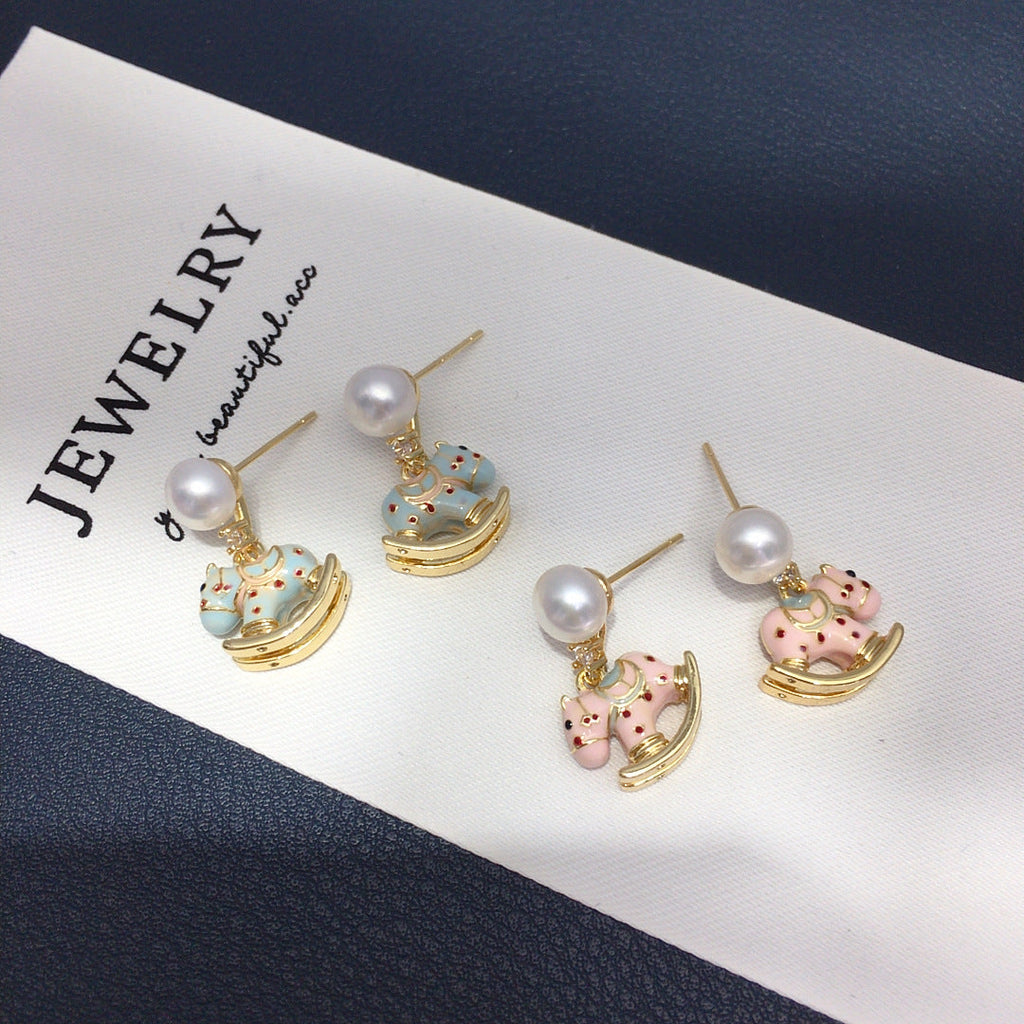 70 Natural freshwater pearl earrings Cute wooden horse shaped rocking chair earrings Simple and fashionable pearl earrings