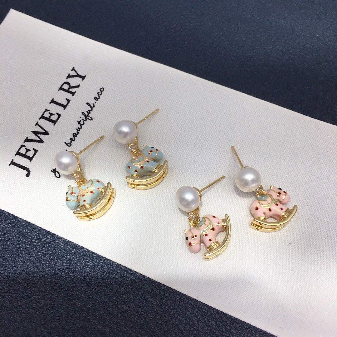 70 Natural freshwater pearl earrings Cute wooden horse shaped rocking chair earrings Simple and fashionable pearl earrings