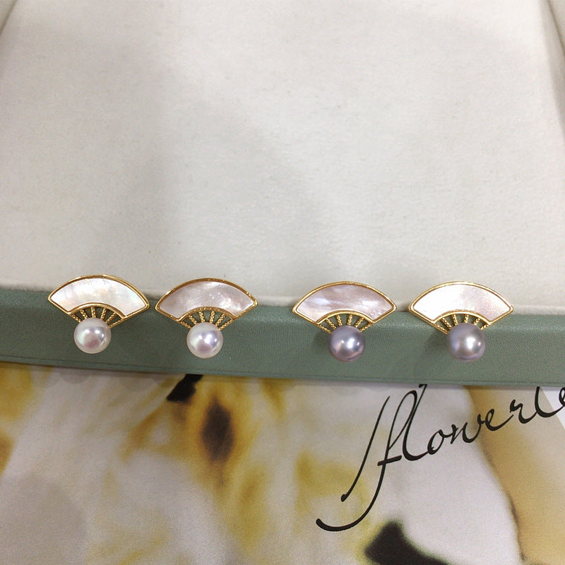 75 Natural freshwater pearl earrings Natural seashell fan-shaped pearl earrings Fashionable ladies' jewelry