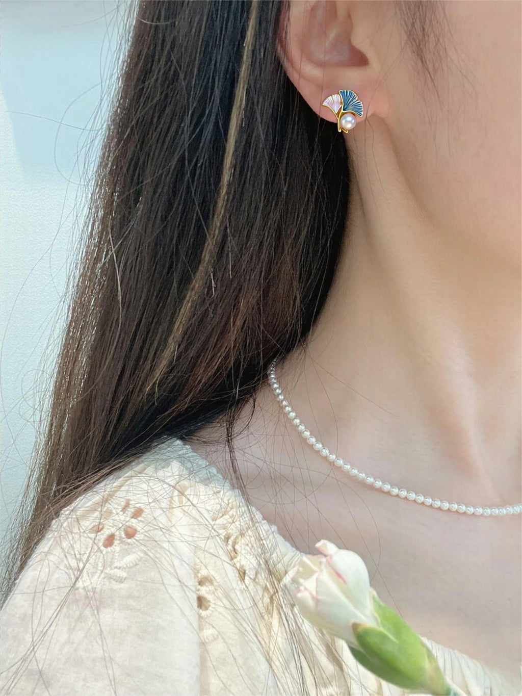 88 High brightness natural freshwater pearl earrings for women fresh ginkgo leaf pearl earrings