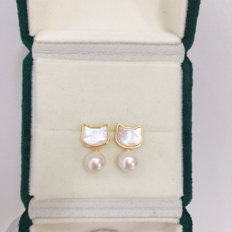 91 Natural Freshwater Pearl Earrings for Women Sea Shell Black Cat Wrapped Pearl Earrings