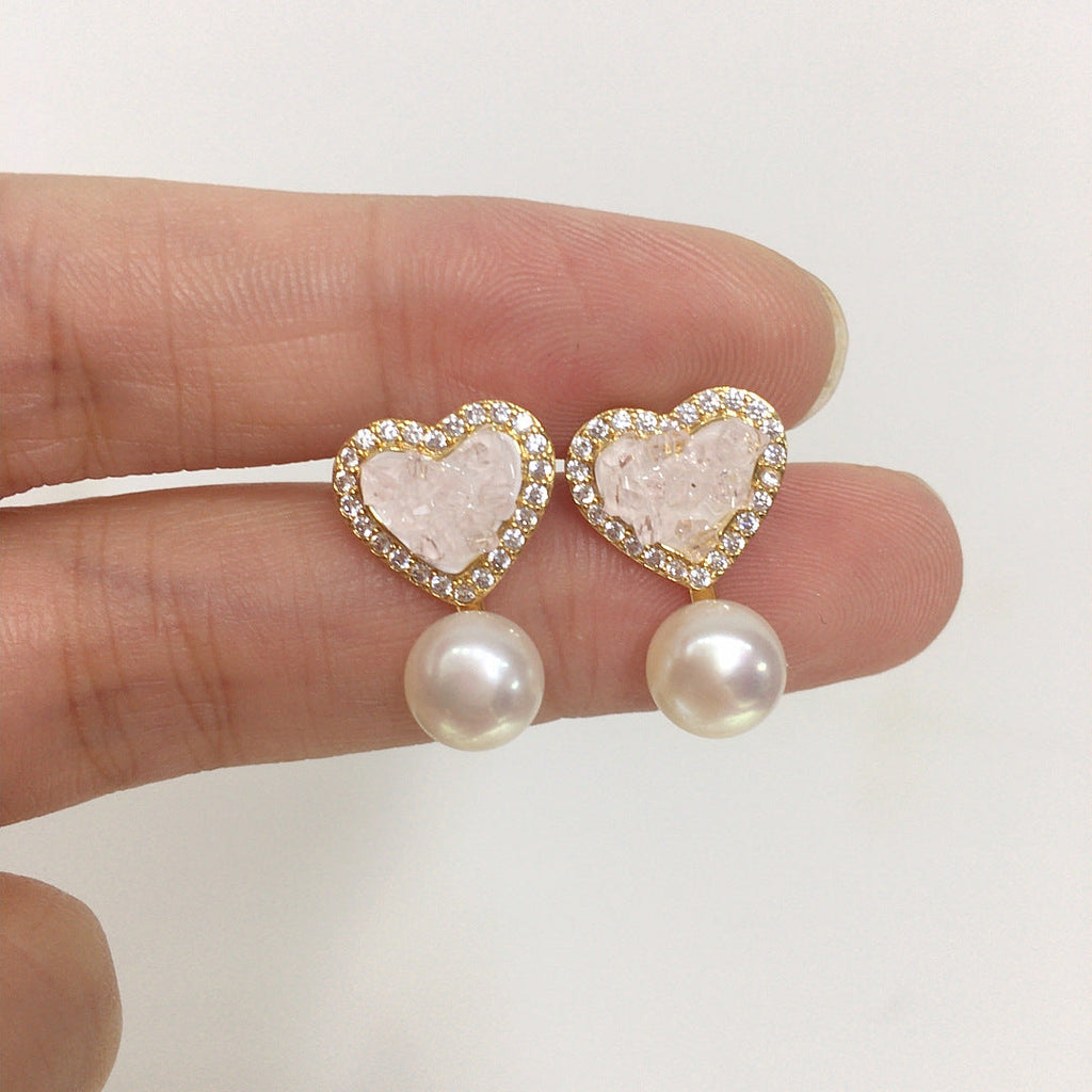 64 Natural freshwater pearl earrings Light pink ice crystal heart-shaped pearl earrings Sweet women's jewelry