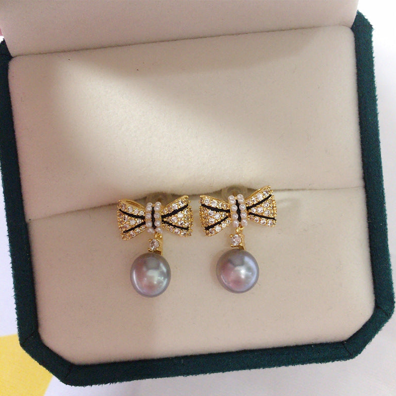 95 Natural Freshwater Pearl Earrings for Women, Light Luxury High-End Micro-Inlaid Zircon Bow Pearl Earrings