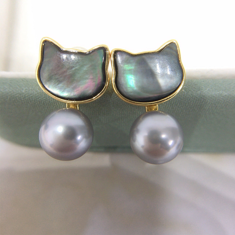 91 Natural Freshwater Pearl Earrings for Women Sea Shell Black Cat Wrapped Pearl Earrings