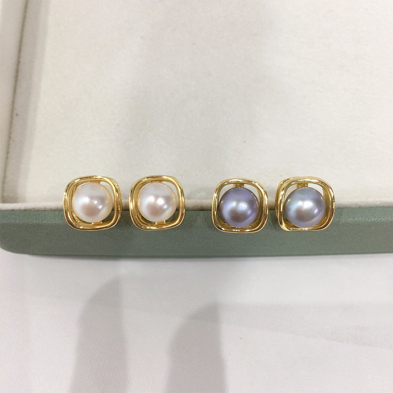 71 Natural freshwater pearl earrings Light luxury simple square pearl earrings Elegant women's jewelry