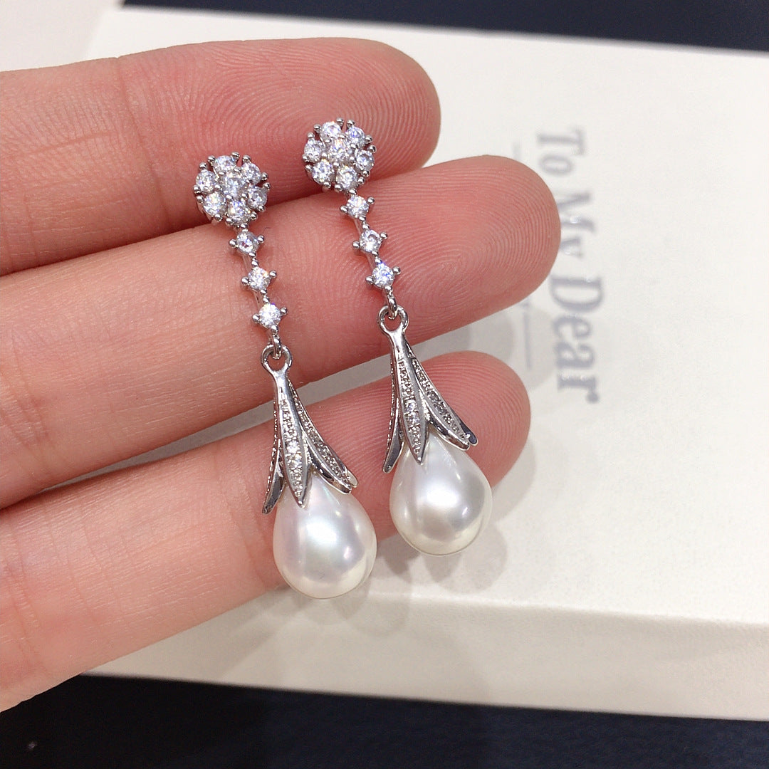 73 Natural freshwater pearl earrings Retro palace style Micro inlaid with zircon water droplet shaped pearl earrings