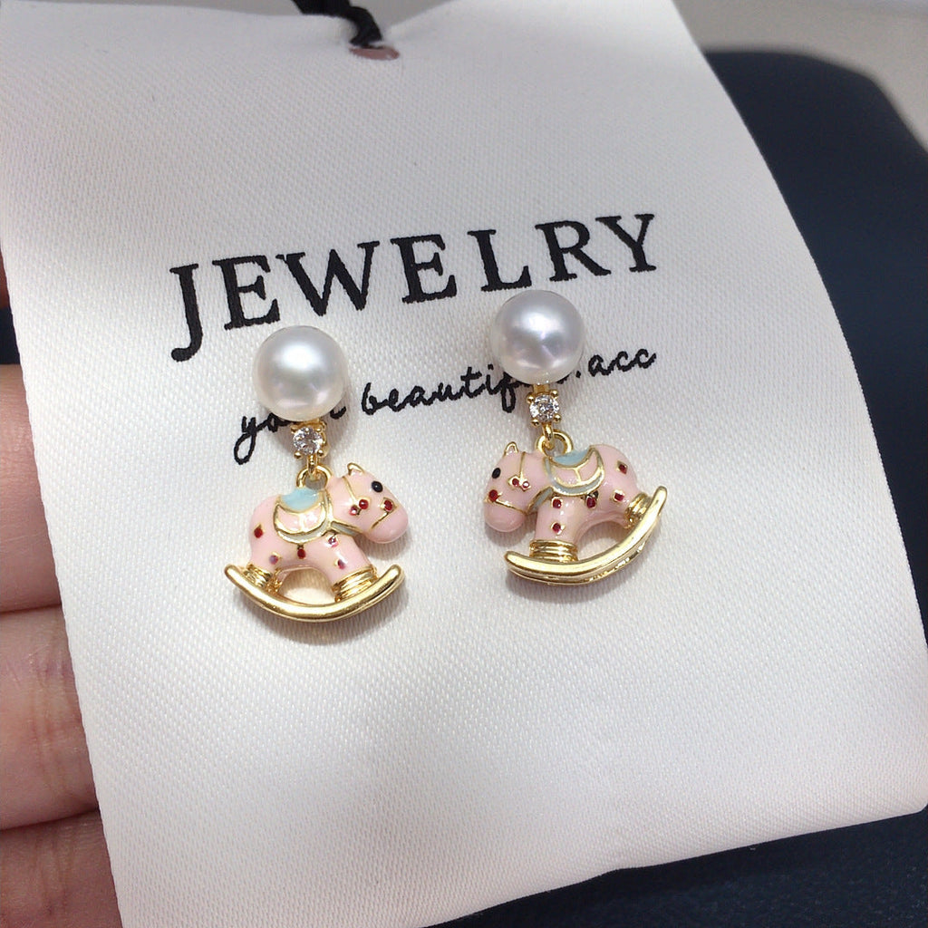 70 Natural freshwater pearl earrings Cute wooden horse shaped rocking chair earrings Simple and fashionable pearl earrings