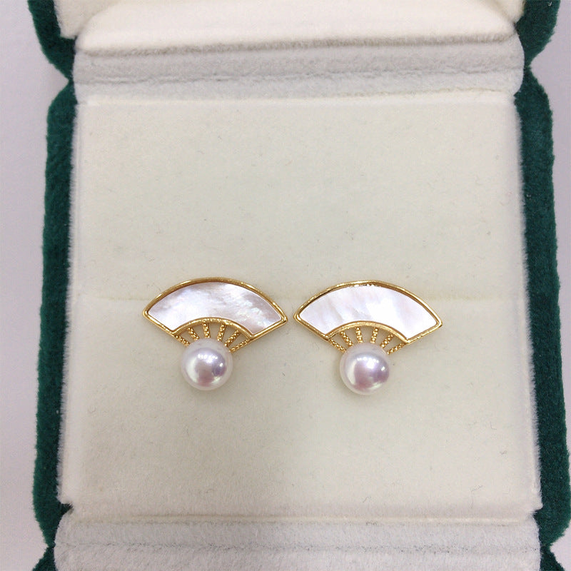 75 Natural freshwater pearl earrings Natural seashell fan-shaped pearl earrings Fashionable ladies' jewelry