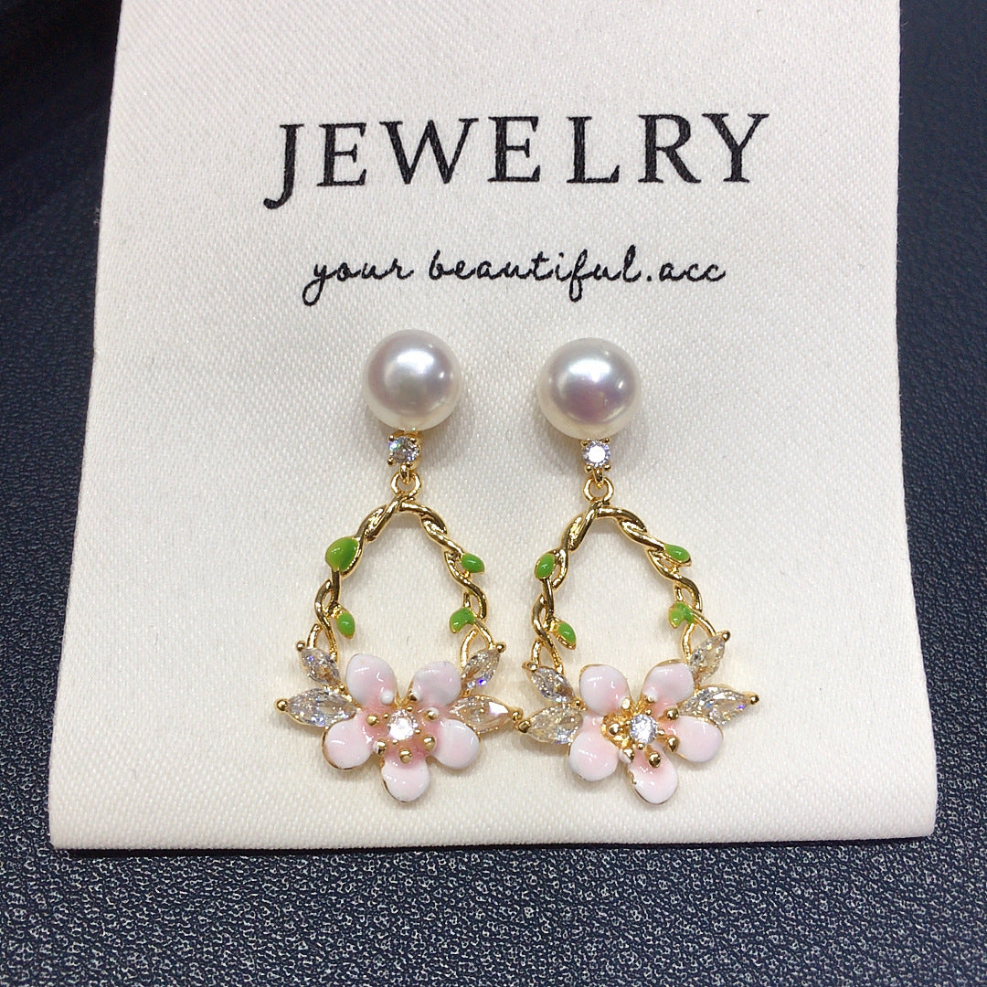 82 Natural Freshwater Pearl Earrings for Women Fresh Zircon Pink Flowers High Grade Pearl Earrings