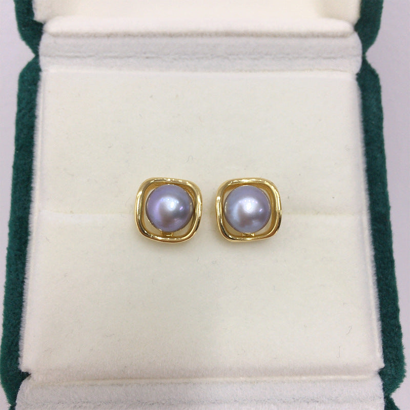 71 Natural freshwater pearl earrings Light luxury simple square pearl earrings Elegant women's jewelry