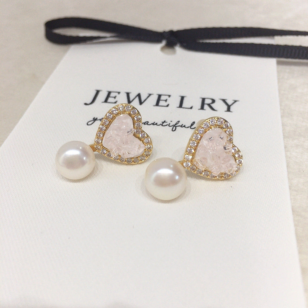 64 Natural freshwater pearl earrings Light pink ice crystal heart-shaped pearl earrings Sweet women's jewelry