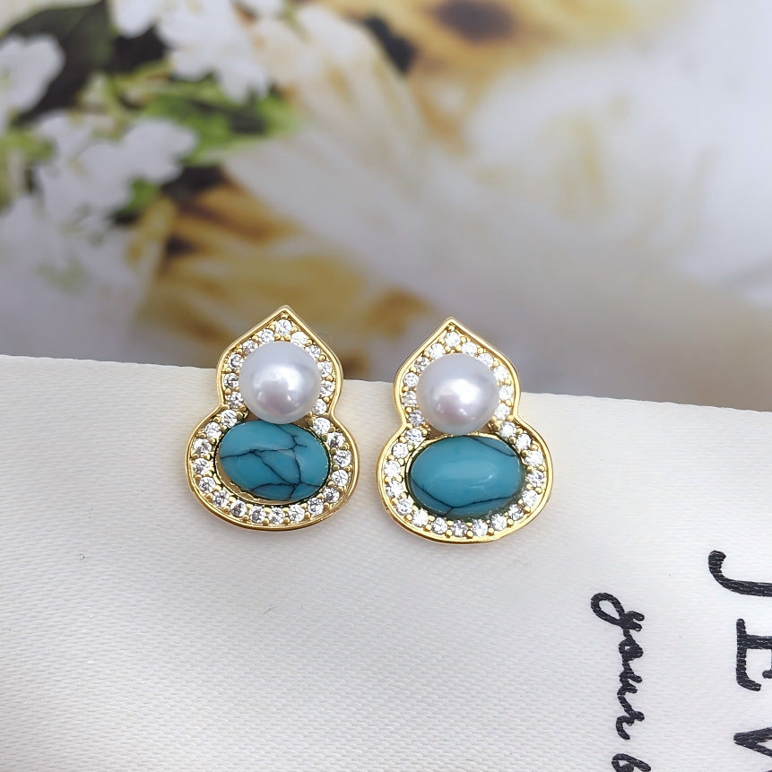 78 New Turquoise Gourd Natural Freshwater Pearl Earrings for Women's Fortune Retro Luxury Pearl Earrings