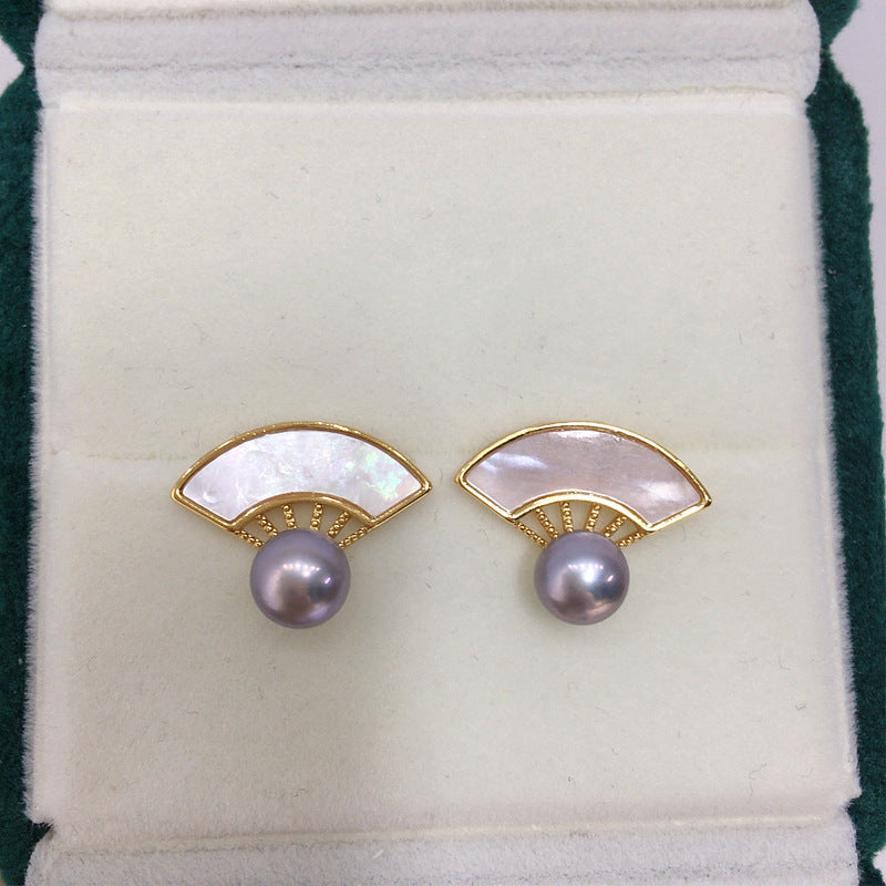 75 Natural freshwater pearl earrings Natural seashell fan-shaped pearl earrings Fashionable ladies' jewelry