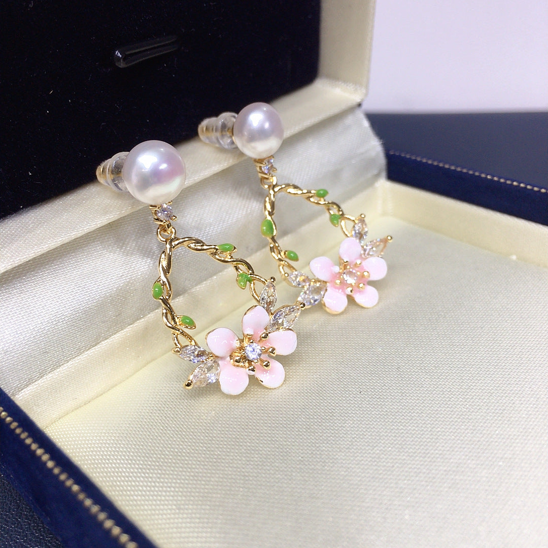 82 Natural Freshwater Pearl Earrings for Women Fresh Zircon Pink Flowers High Grade Pearl Earrings