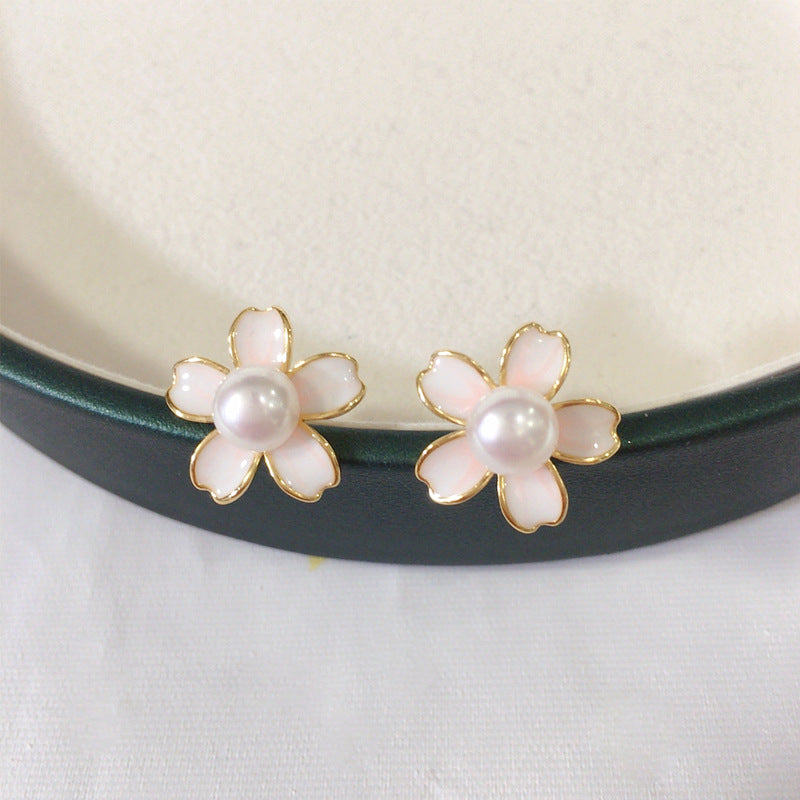 99 Natural Freshwater Pearl Earrings Women Sweet Cherry Blossom Powder Drip Oil Pearl Earrings