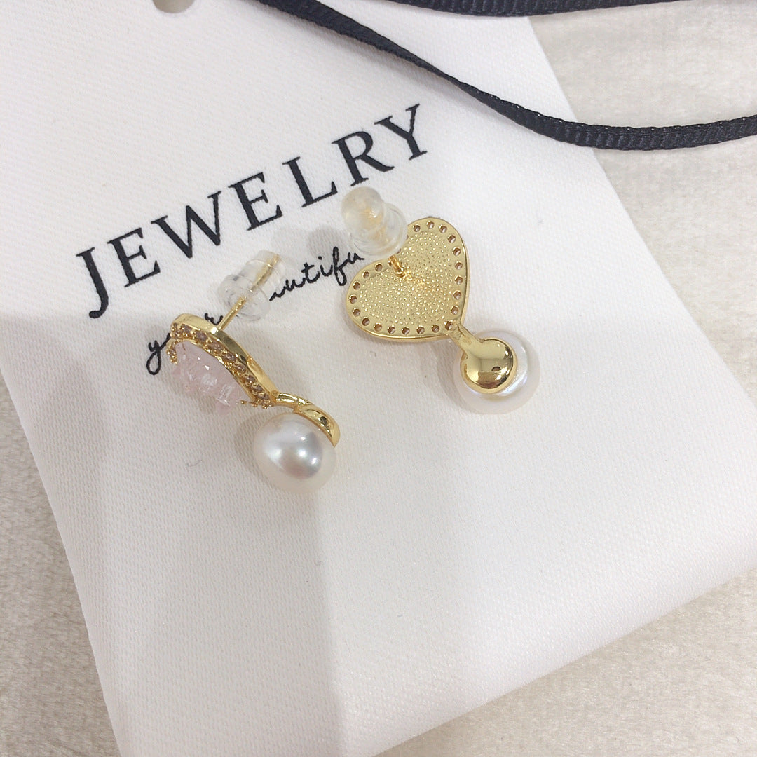 64 Natural freshwater pearl earrings Light pink ice crystal heart-shaped pearl earrings Sweet women's jewelry