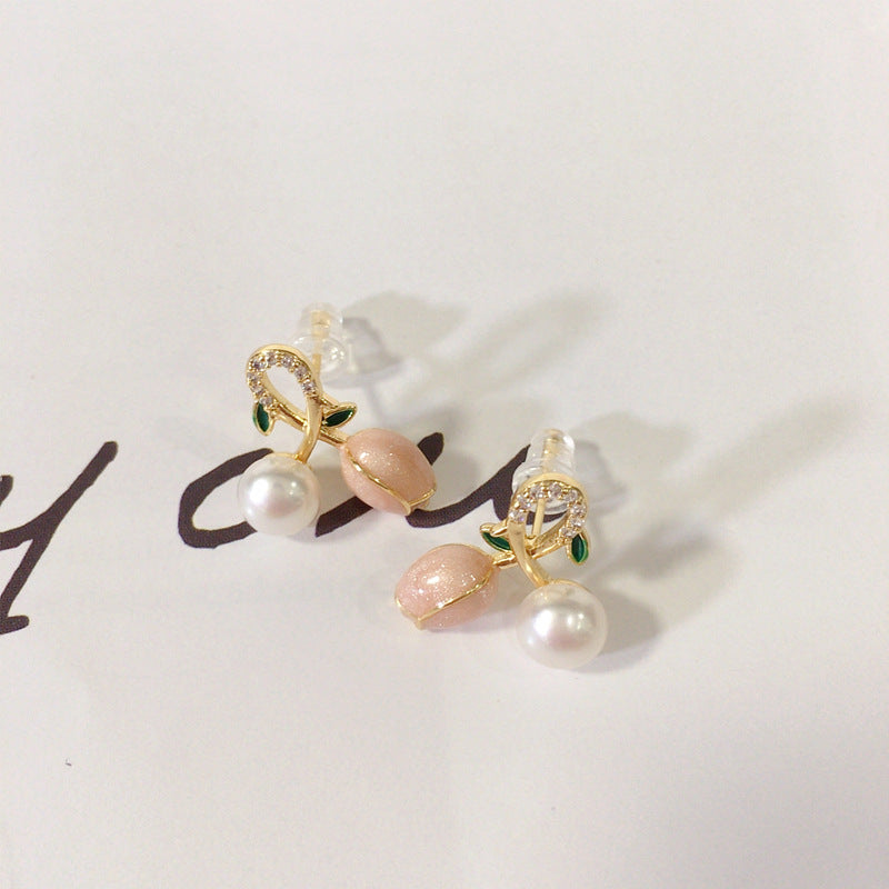 62 Natural freshwater pearl earrings Fashionable and versatile women's earrings Pink tulip small fresh earrings Sweet jewelry