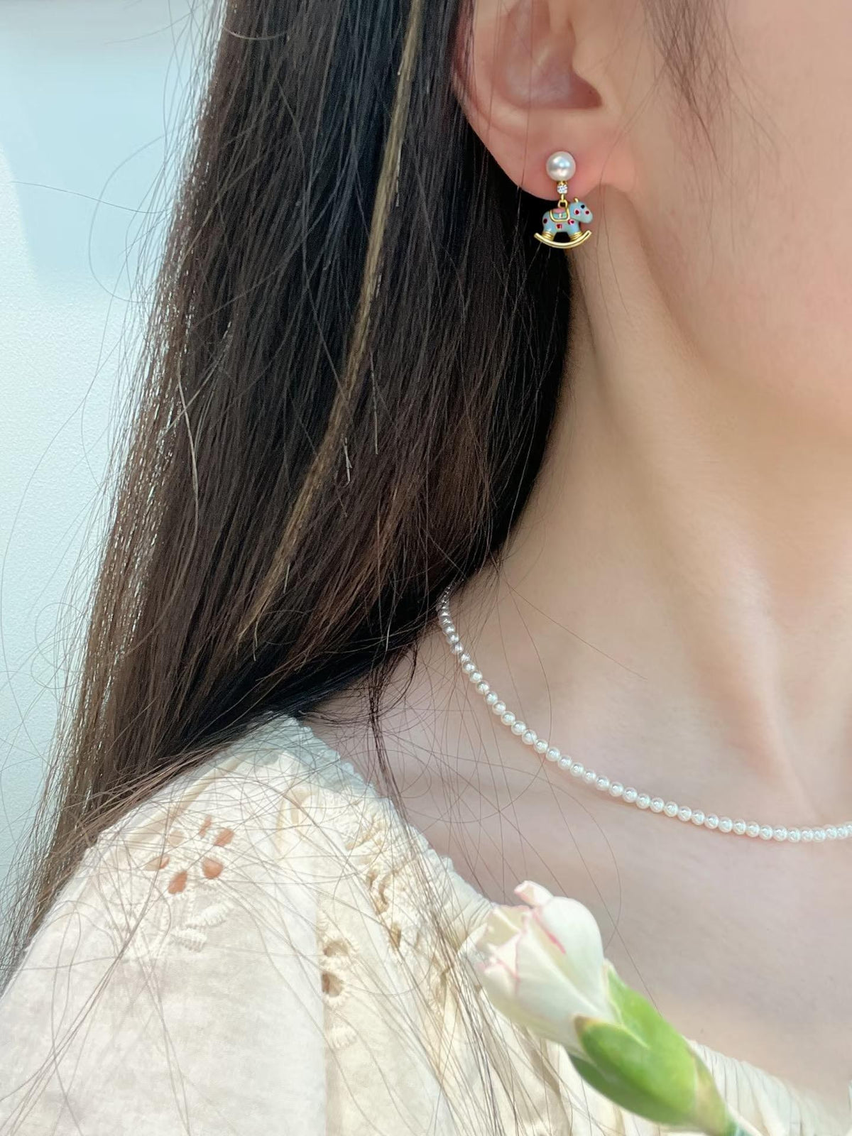 70 Natural freshwater pearl earrings Cute wooden horse shaped rocking chair earrings Simple and fashionable pearl earrings
