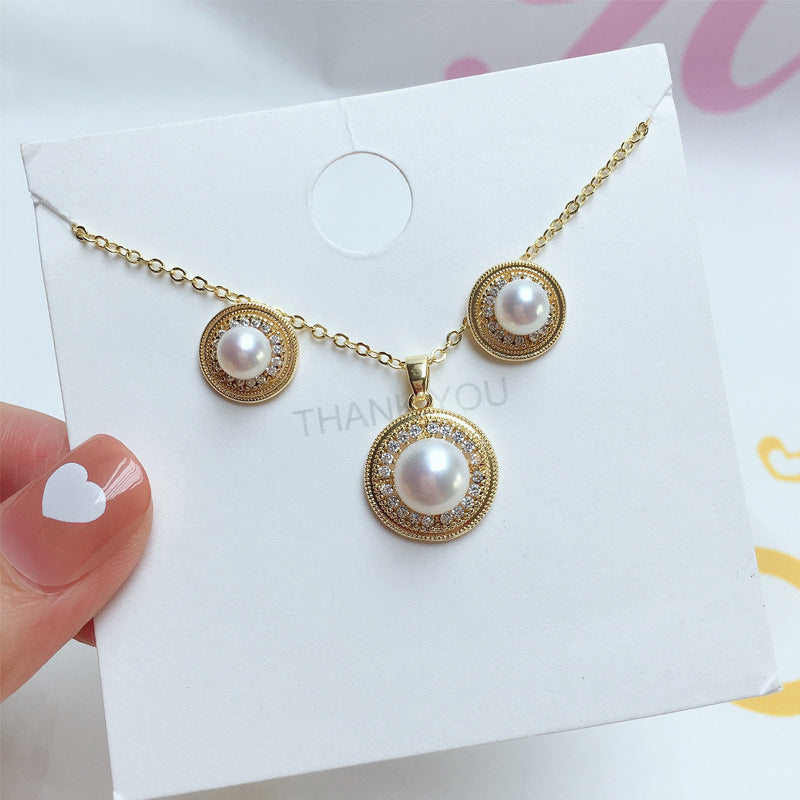 96 Natural Pearl Pendant Earrings Simple Round Freshwater Pearl Set Jewelry Retro Fashion Jewelry