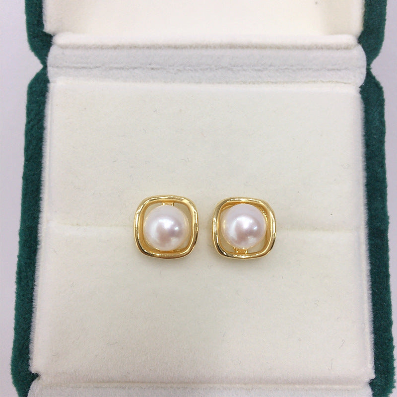 71 Natural freshwater pearl earrings Light luxury simple square pearl earrings Elegant women's jewelry