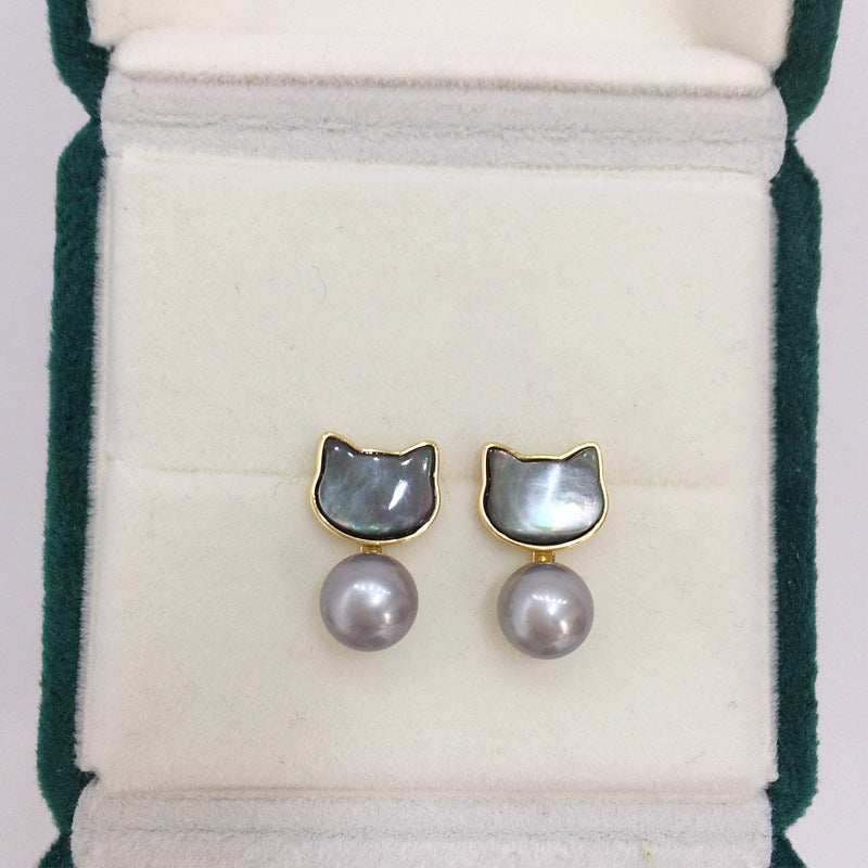 91 Natural Freshwater Pearl Earrings for Women Sea Shell Black Cat Wrapped Pearl Earrings