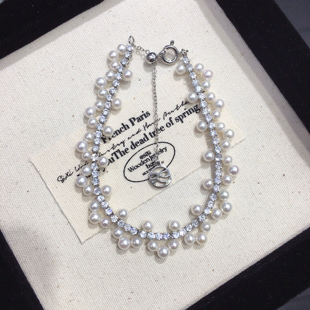 49 Hand-woven Pearl Bracelet, Natural Freshwater Pearl Bracelet for Women, Sparkling Zirconium Bracelet