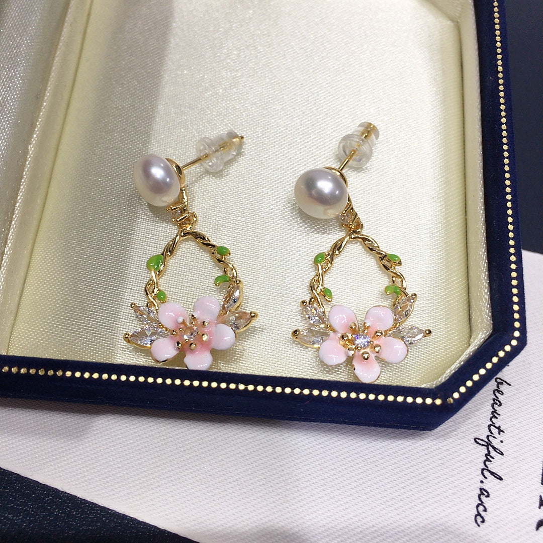 82 Natural Freshwater Pearl Earrings for Women Fresh Zircon Pink Flowers High Grade Pearl Earrings