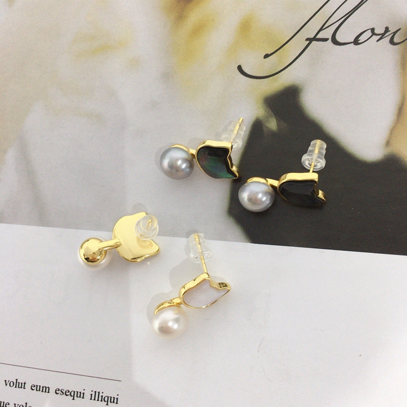 91 Natural Freshwater Pearl Earrings for Women Sea Shell Black Cat Wrapped Pearl Earrings