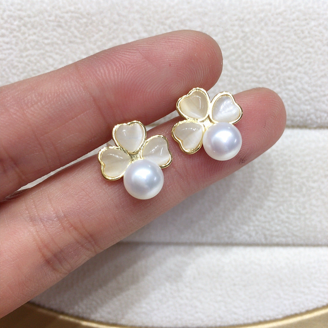 66 Natural freshwater pearl earrings Cat's eye stones Clover pearl earrings Fashionable internet famous earrings