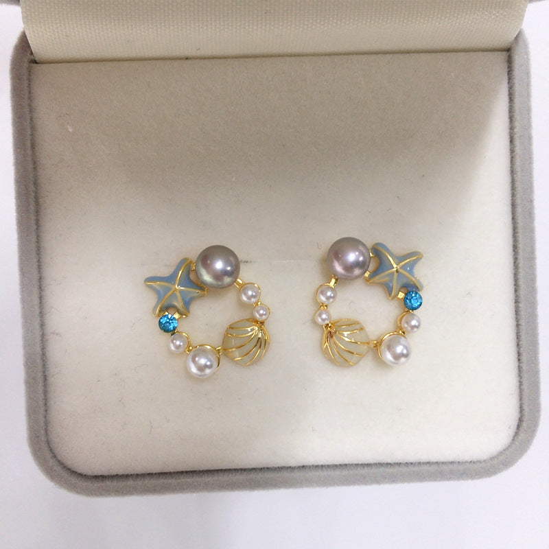 74 Natural Freshwater Pearl Earrings Sea Star Shell Pearl Earrings Exquisite and Cute Women's Jewelry