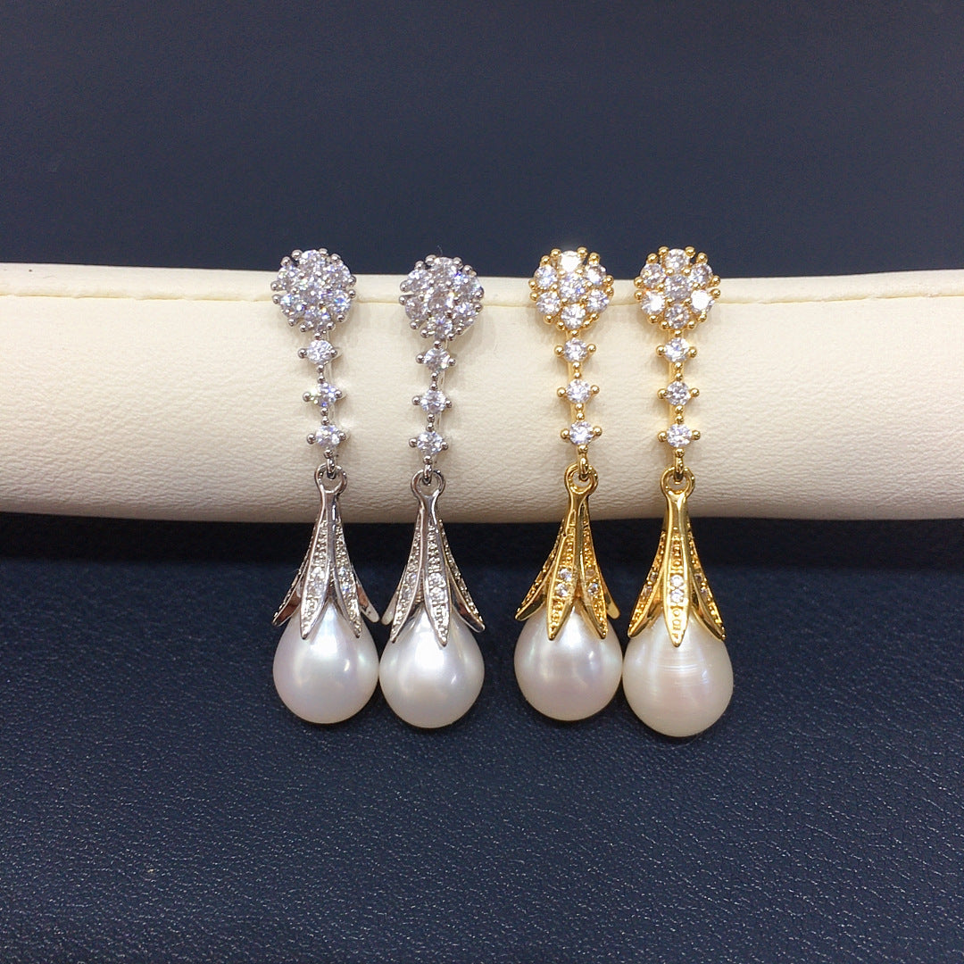 73 Natural freshwater pearl earrings Retro palace style Micro inlaid with zircon water droplet shaped pearl earrings
