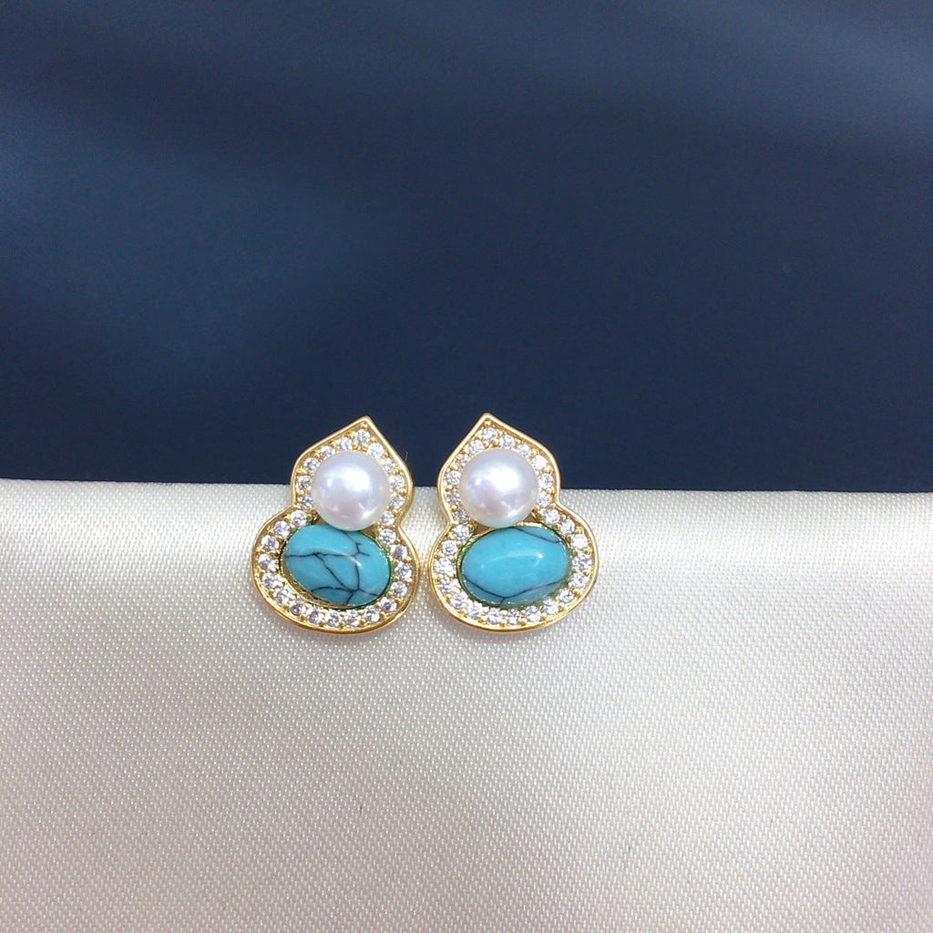 78 New Turquoise Gourd Natural Freshwater Pearl Earrings for Women's Fortune Retro Luxury Pearl Earrings