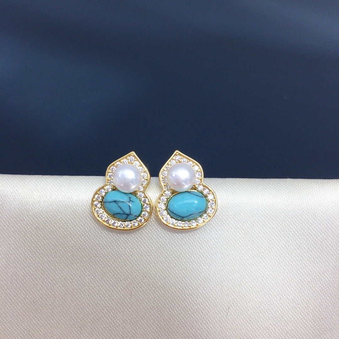 78 New Turquoise Gourd Natural Freshwater Pearl Earrings for Women's Fortune Retro Luxury Pearl Earrings