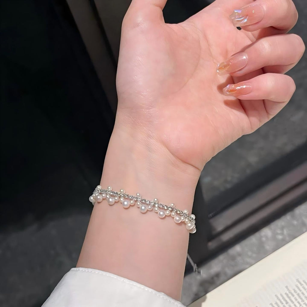 49 Hand-woven Pearl Bracelet, Natural Freshwater Pearl Bracelet for Women, Sparkling Zirconium Bracelet
