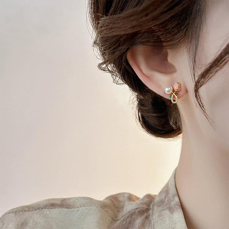 62 Natural freshwater pearl earrings Fashionable and versatile women's earrings Pink tulip small fresh earrings Sweet jewelry